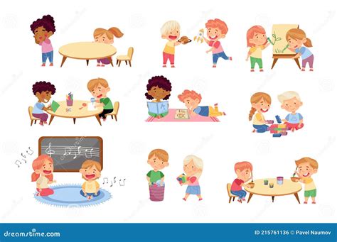 Illustratie van kinderen die samen spelen en leren in een Dalton- of Jenaplanomgeving.